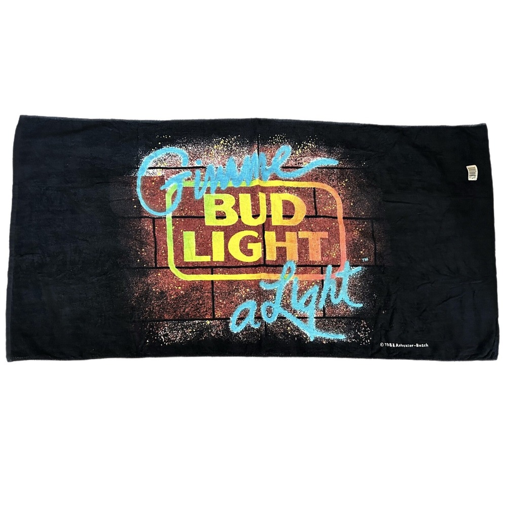 Vintage Anheuser Busch BUD LIGHT Beach Towel Beer Neon Gimme A Light Summer 1988